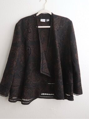 Chico’s Open Front Black Brown Paisley Beaded and Embroidered Sweater
